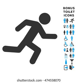 Running Man icon and bonus male and woman restroom symbols. Vector illustration style is flat iconic bicolor symbols, blue and gray colors, white background.