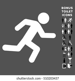 Running Man icon and bonus male and female toilet symbols. Vector illustration style is flat iconic bicolor symbols, black and white colors, gray background.