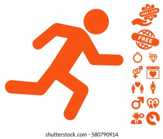 Running Man icon with bonus romantic pictograph collection. Vector illustration style is flat iconic orange symbols on white background.