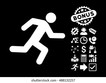 Running Man icon with bonus icon set. Vector illustration style is flat iconic symbols, white color, black background.