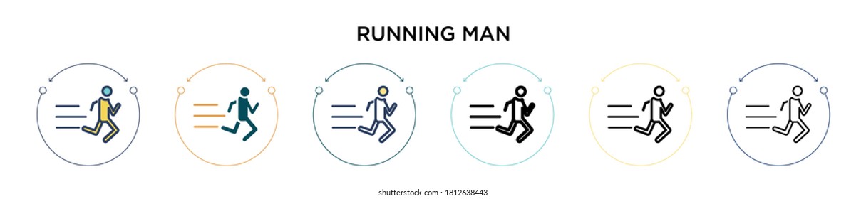Running man icon in filled, thin line, outline and stroke style. Vector illustration of two colored and black running man vector icons designs can be used for mobile, ui, web