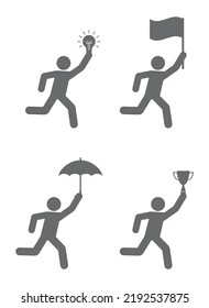 Running man icon set. Person run with lightbulb, umbrella, flag and trophy cup icon set