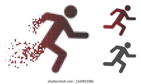 Running man icon in sparkle, dotted halftone and undamaged entire versions. Pixels are composed into vector sparkle running man pictogram.