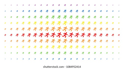 Running man icon spectrum halftone pattern. Vector running man shapes are organized into halftone matrix with vertical spectral gradient. Constructed for backgrounds, covers,