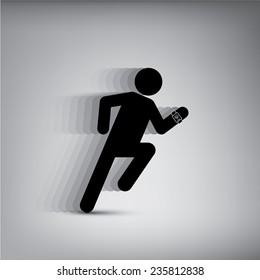 Running man icon with speed effect and fitness tracker on wrist. Eps10 vector illustration