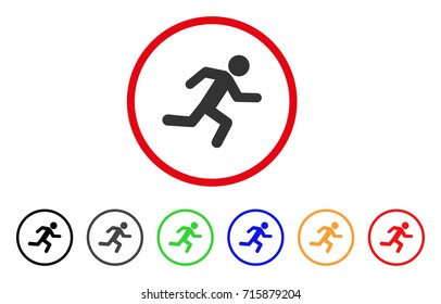 Running Man icon. Vector illustration style is a flat iconic running man gray rounded symbol inside red circle with black, gray, green, blue, red, orange color additional versions.