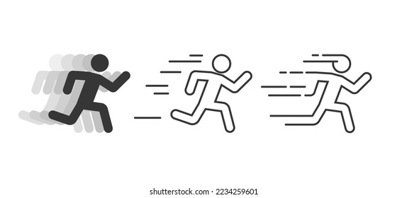 Running man icon vector line art silhouette or runner active fast athlete pictogram simple graphic, jogging person black shape figure for fitness sport activities, escape exit symbol sign design image