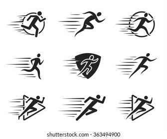 Running man icons with motion trails for sport tournaments, organizations, marathons and running clubs.