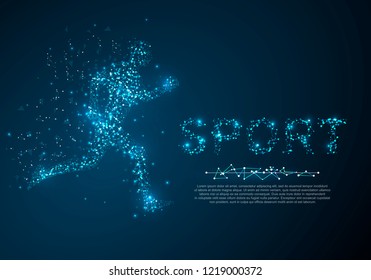 Running man illustration. Low poly wireframe Vector polygonal image in the form of a starry sky or space, consisting of points, lines, and shapes in the form of stars with destruct shapes