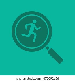 Running man inside loupe glyph color icon. Silhouette symbol. Magnifying glass with runner. Negative space. Vector isolated illustration