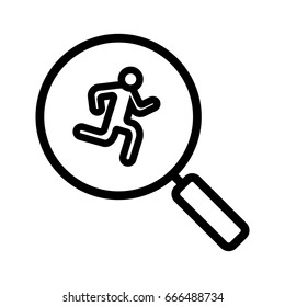 Running man inside loupe linear icon. Thin line illustration. Magnifying glass with runner contour symbol. Vector isolated outline drawing