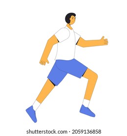 El hombre que corre aislado en el fondo blanco. Participación en carreras deportivas, competencias atléticas. Maratón, ejercicio. Jogger. Ilustración vectorial.