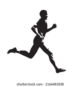 Running man, isolated vector silhouette. Marathon runner, side view