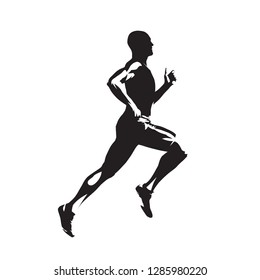 Running man, isolated vector silhouette. Sprinting runner, side view