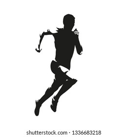 Running man, isolated vector silhouette. Sprinting runner, side view