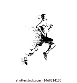 Running man, isolated vector silhouette, grungy style. Run