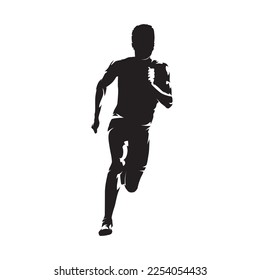 Running man, isolated vector silhouette, ink drawing. Run, front view male runner