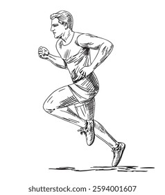 Running man, isolated vector silhouette, ink drawing. Athlete running, sports illustration isolated on white background. Run, side view male runner. Striving forward, achievements, victory concept.