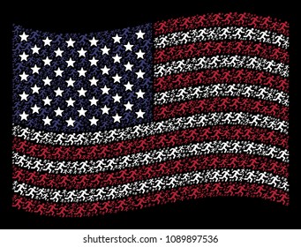 Running man items are combined into waving USA flag mosaic on a dark background. Vector collage of America state flag is created from running man elements.