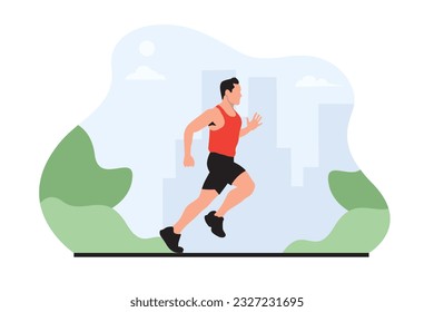 Running man jogging in city park flat vector illustration. Healthy lifestyle.