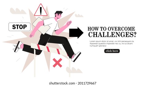 Running man with laptop deal with obstacles on way to success. Concept of planned course, overcome challenges and difficulty in business, career. Male character ignore stop sign move forward to goal.