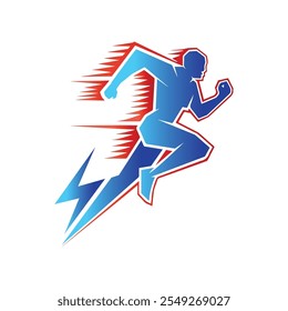 Um homem em execução com raio forma de parafuso vetor estilo geométrico, homem forte energia logotipo ícone de design