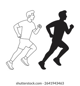 Running Man Line Art and Silhouette – Fitness Vector Illustration