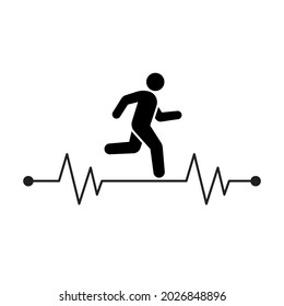 Hombre en ejecución con línea ecg icono de latido de corazón, pulso cardiaco saludable más fuerte, símbolo de diseño plano de pictograma simple, aislado en fondo blanco, ilustración vectorial