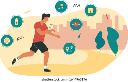 Running man listening to the music with the device, tracking distance walked and speed, heartbeat, water balance, weight