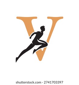 Running Man Logo Combine With Letter V Vector Template