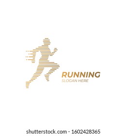 Running Man Logo Icon. Abstract lines silhouette. Fast Effect Runner.  Gold Vector Illustration. 