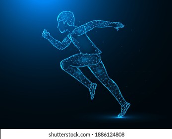 Running man low poly art. Exercise or marathon run polygonal vector illustrations on a blue background.