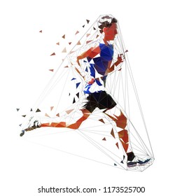 Running man, low poly geometric vector illustration. Young athlete, side view