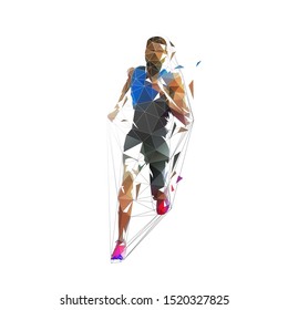 Running man, low poly vector illustration. Abstract geometric african american runner, front view