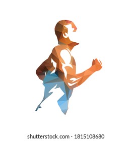 Hombre en ejecución, ilustración vectorial aislada poligonal baja. Ejecutar, logotipo geométrico de triángulos