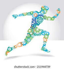 Running man made color gears vector illustration