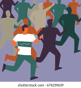 running man with many peoples in unique minimalism flat style