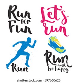 Running man marathon logo jogging emblems label and fitness training athlete symbol sprint motivation badge success work isolated runner vector illustration.