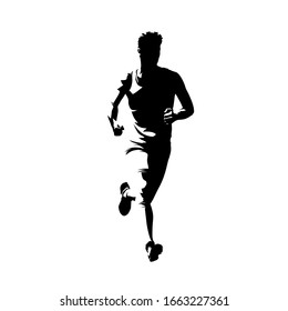 Running man, marathon run front view. Abstract vector silhouette