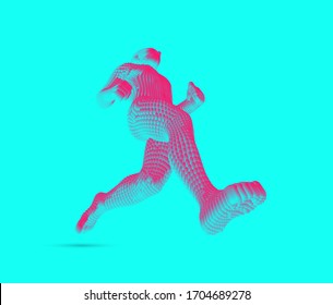 Running man or marathon runner. 3D human body model. Design for sport. Vector illustration composed of particles.