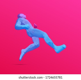 Running man or marathon runner. 3D human body model. Design for sport. Vector illustration composed of particles.