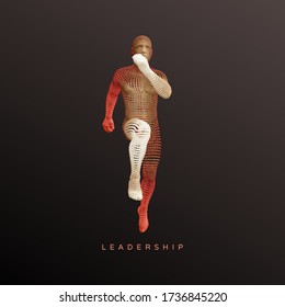 Running man or marathon runner. 3D human body model. Design for sport. Vector illustration composed of particles.