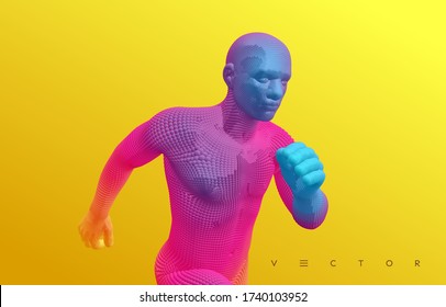 Running man or marathon runner. 3D human body model. Design for sport. Vector illustration composed of particles.