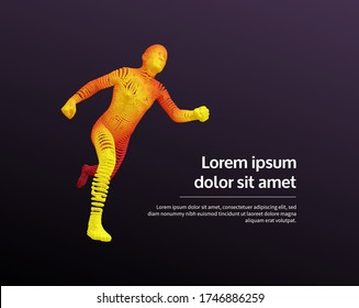Running man or marathon runner. 3D human body model. Design for sport. Vector illustration composed of particles.