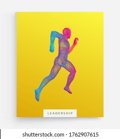 Running man or marathon runner. 3D human body model. Design for sport. Vector illustration composed of particles.