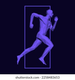 Running man or marathon runner. 3D human body model. Design for sport. Vector illustration composed of particles.