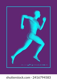 Laufender Mann oder Marathonläufer. 3D-Modell des menschlichen Körpers. Design für den Sport. Vektorgrafik bestehend aus Partikeln.