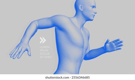 Running man or marathon runner. 3D human body model. Design for sport. Vector illustration for cover, card, postcard, interior design, banner, poster, brochure or presentation.