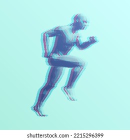 Running man or marathon runner. Design for sports club, fitness, competition, marathon and healthy lifestyle. The person is striving forward to success. 3D human body model composed of particles.