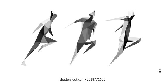 Running man or marathon runner. Three athletes rushing to victory. 3D model of human body. Design for sport. Vector illustration for cover, card, postcard, banner, poster, brochure or presentation.